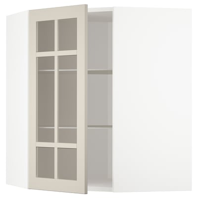Armoire d’angle blanche avec portes en verre givré.