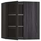 Une armoire d’angle de cuisine ikea METOD gris foncé avec trois étagères en verre et une porte réversible.
