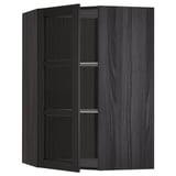 Armoire d’angle en bois teinté noir avec portes en verre.