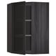 Armoire d’angle en bois teinté noir avec portes en verre.