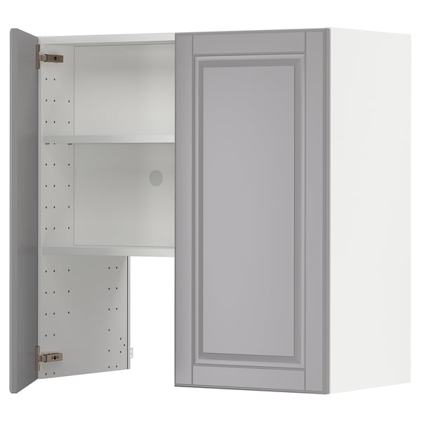 Armoire de cuisine METOD gris doux, rectangulaire, bords biseautés, panneau de fibres peint en polyuréthane, étagères réglables.