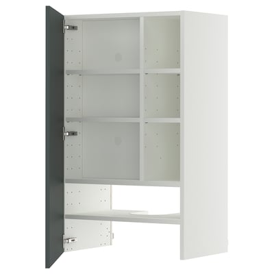 Armoire METOD blanche, design moderne, trois étagères réglables, porte gris-vert brillant.