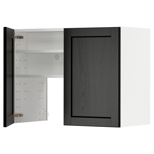 Armoire de cuisine METOD : bois de frêne teinté gris, intérieur blanc, étagère réglable.