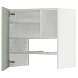 Expose une armoire de cuisine METOD blanche avec des façades vertes, avec des étagères et un rangement réglable.