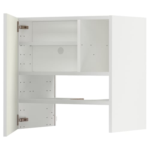 Une armoire de cuisine METOD blanche avec des étagères réglables et des charnières métalliques.