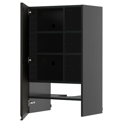 Une armoire ouverte METOD gris foncé avec trois étagères réglables et un tiroir. Il a un design moderne et élégant avec une finition noire mate.