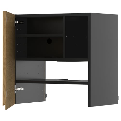 Armoire METOD moderne en gris et chêne, design minimaliste, deux étagères ouvertes et un tiroir, poignées métalliques, lignes épurées et minimalistes.