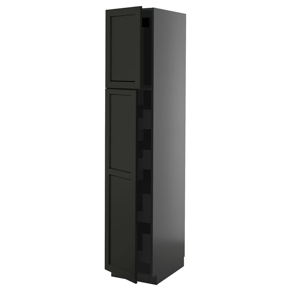 Une armoire haute METOD gris foncé avec deux portes et des étagères intégrées, parfaite pour le rangement dans la cuisine.