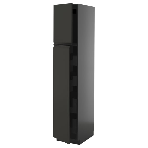 Armoire de cuisine noire moderne, haute et élégante avec poignée intégrée, faisant partie du système METOD.