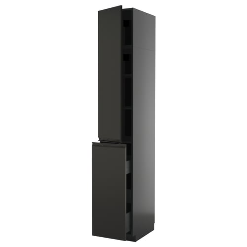L’image montre une armoire de cuisine METOD noire haute et élégante au design moderne, dotée d’un tiroir et d’une étagère réglable.
