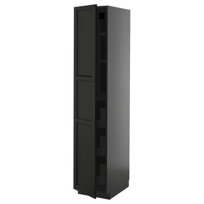 Armoire de cuisine METOD noire, haute avec deux portes, bords biseautés, finition frêne, design moderne.