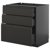 Armoire de cuisine noire moderne avec poignées lisses et plusieurs tiroirs.