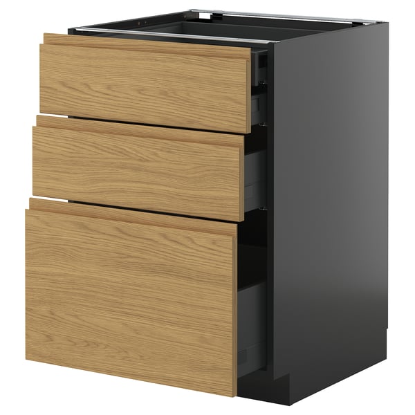 Unité de cuisine moderne avec trois tiroirs en bois de chêne clair, corps gris foncé, style minimaliste.