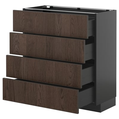 Unité de cuisine METOD, tiroirs sinarp brun foncé, quatre tiroirs de taille moyenne, design moderne.