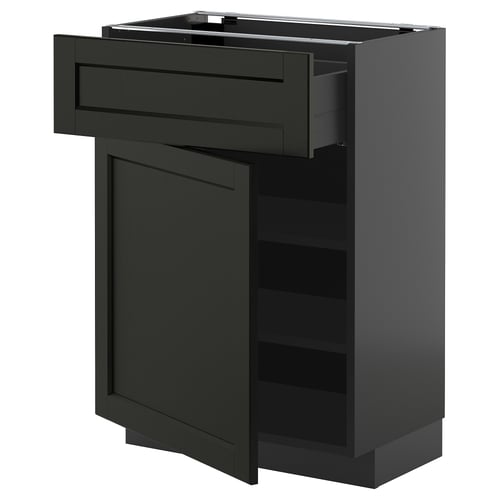 Armoire de cuisine METOD noire avec tiroir ouvert, avec portes et façades de tiroirs en bois, cadre robuste et étagère réglable.