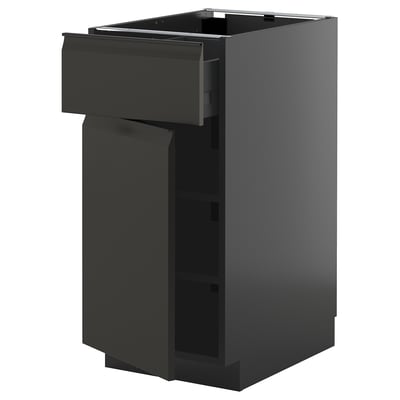 Armoire de cuisine noire moderne avec tiroirs, design élégant, finition mate, taille moyenne.