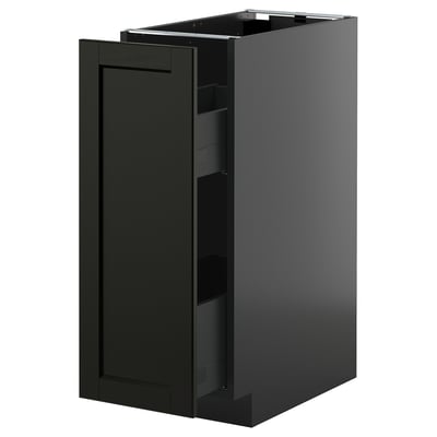 Armoire de cuisine noire moderne avec étagère coulissante unique, design élégant.