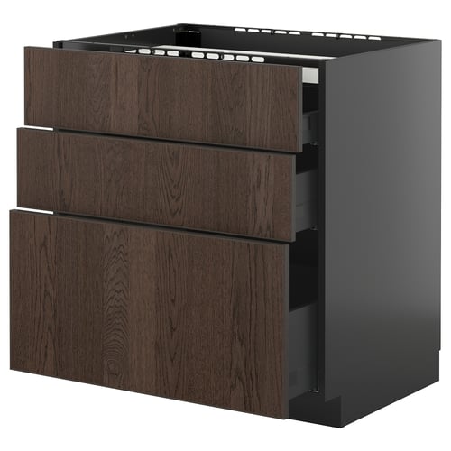 Armoire moderne en bois brun foncé avec trois tiroirs ouverts et des côtés noirs élégants.