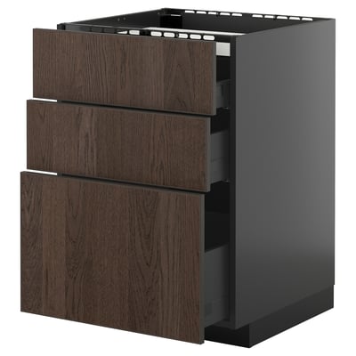 Armoire de cuisine grise moderne avec tiroirs en bois brun foncé ; Trois tiroirs, entièrement extensibles, design élégant.