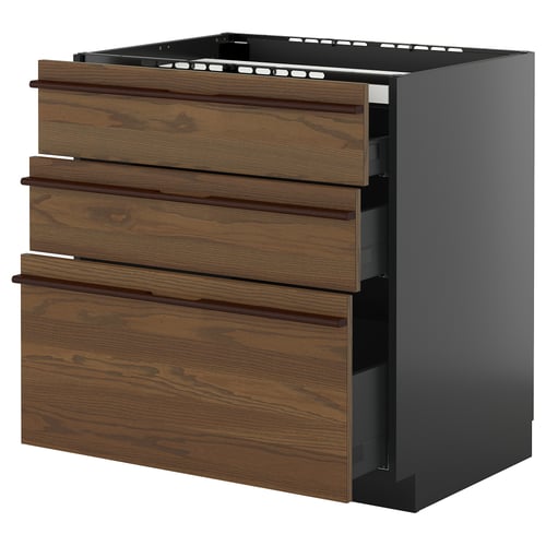 Unité de cuisine moderne : METOD avec tiroirs en bois brun foncé, poignées élégantes et côtés noirs.