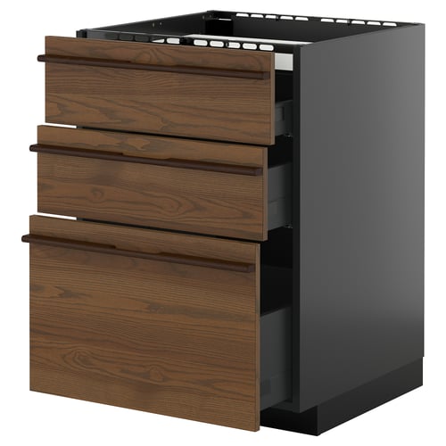 Il s’agit d’un meuble de cuisine METOD en brun foncé avec quatre tiroirs en bois et un cadre noir. Les tiroirs ont des poignées en bois.