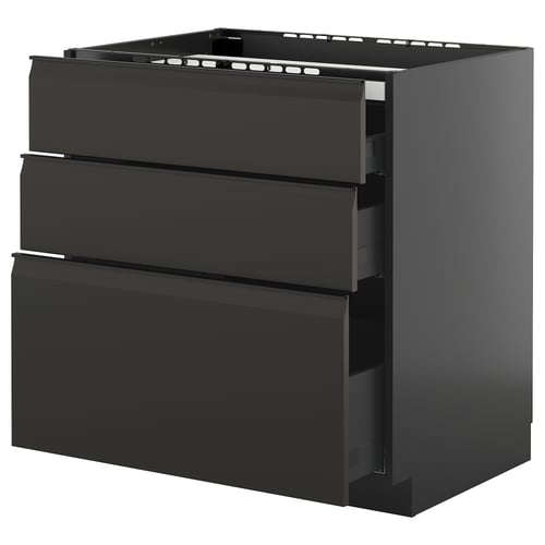 Armoire de cuisine noire moderne avec trois tiroirs et poignées intégrées élégantes.