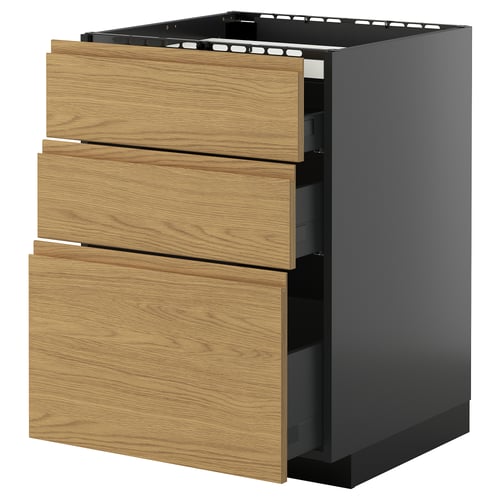 Unité de cuisine moderne avec trois tiroirs en bois et base noire. Pratique et élégant avec un design minimaliste.
