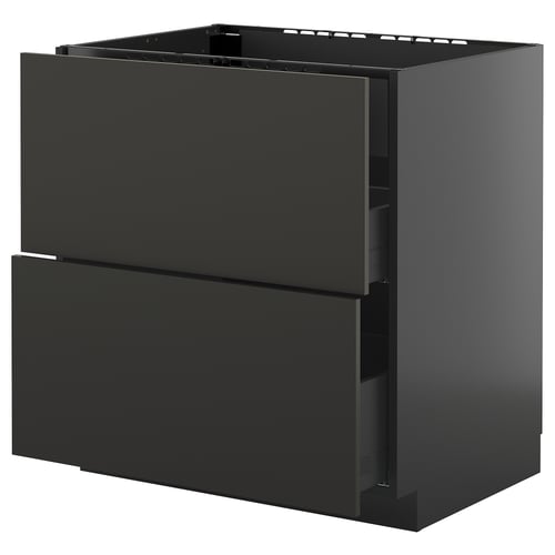 Un meuble de cuisine METOD noir avec deux tiroirs à fermeture automatique. Il a une finition moderne et brillante et une forme rectangulaire.