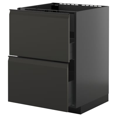 Armoire de cuisine moderne noire avec deux tiroirs, finition brillante, bords élégants et poignées intégrées.