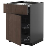 Armoire de cuisine moderne, brun foncé et gris, avec étagères coulissantes et tiroirs, élégante et fonctionnelle.