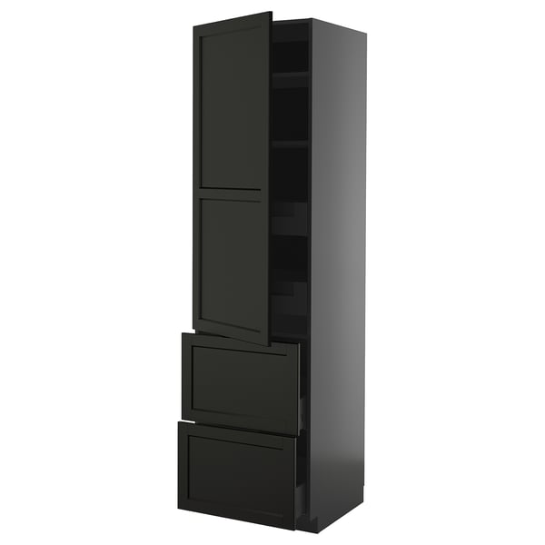 Un meuble de cuisine METOD noir au design traditionnel, doté d’une porte et de trois tiroirs.