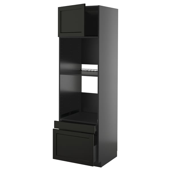 Armoire de cuisine noire avec étagères et tiroirs, design moderne.