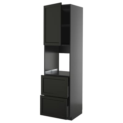 Armoire de cuisine noire avec porte vitrée, deux tiroirs et étagère réglable. Design moderne, construction robuste.
