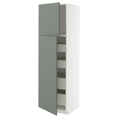 Une armoire de cuisine moderne nommée METOD. Il a deux portes turquoise et contient plusieurs tiroirs. L’armoire est élégante et haute.