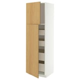 Représente une armoire de cuisine en bois blanc et clair avec trois étagères.