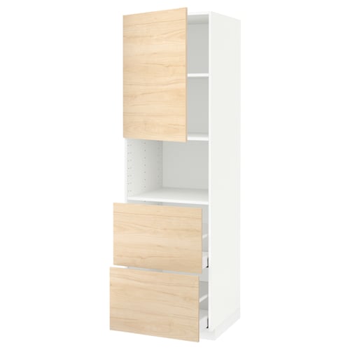 Une armoire de cuisine ikea METOD avec des portes askersund de couleur cendrée claire, avec un cadre blanc et des tiroirs à roulement lisse.
