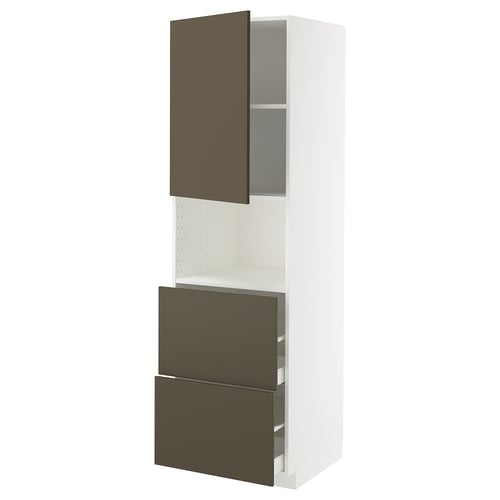 Armoire de cuisine METOD blanche avec tiroirs et portes brun foncé.