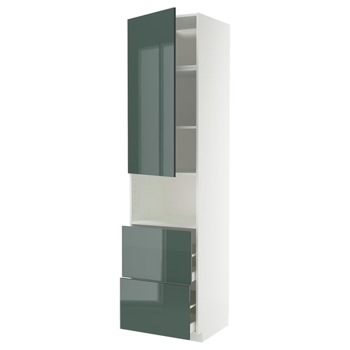 Armoire haute METOD, vert-gris brillant, design minimaliste moderne, cadre blanc, deux compartiments ouverts, look élégant.