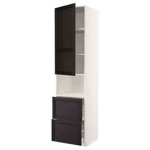 Armoire de cuisine moderne blanche avec portes et tiroirs en bois noir. Étagères et tiroir, design épuré.