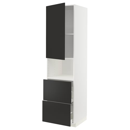 Armoire de cuisine moderne, blanche avec poignées noires, haute et étroite, design élégant.