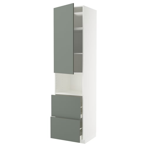 Affiche une armoire de cuisine moderne en blanc avec des accents vert-gris. Il est composé de deux portes et de deux tiroirs, conçu avec un look élégant et harmonieux.