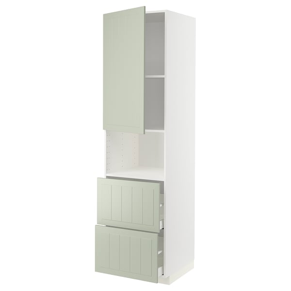 Meuble de cuisine METOD en vert avec étagères blanches, tiroirs et panneau design en bois élégant.