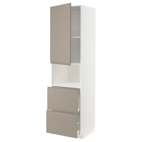 Un meuble de cuisine METOD blanc avec des tiroirs et des portes beiges, au design moderne et minimaliste.