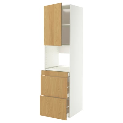 METOD / MAXIMERA Armoire micro-ondes av porte/3 tir, blanc/Sinarp plaqué chêne, 60x60x220 cm