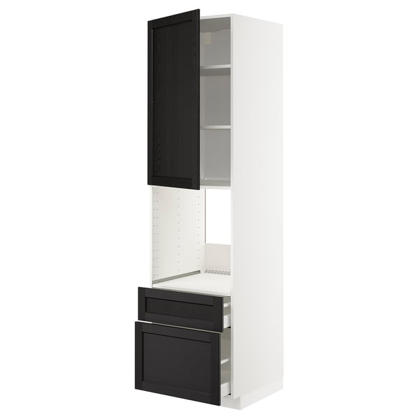 Unité de cuisine METOD : blanc et noir, bois, haute, 2 étagères, 2 tiroirs, design moderne.