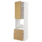 Armoire de cuisine modulaire blanche et chêne avec tiroir ouvert et étagère.