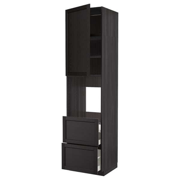 Une armoire de cuisine haute ikea METOD noire avec un tiroir et des étagères réglables.