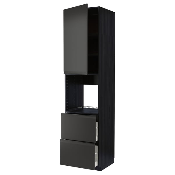 Unité de cuisine METOD noire avec trois compartiments : armoire supérieure et deux tiroirs. Moderne, noir mat avec poignées intégrées.