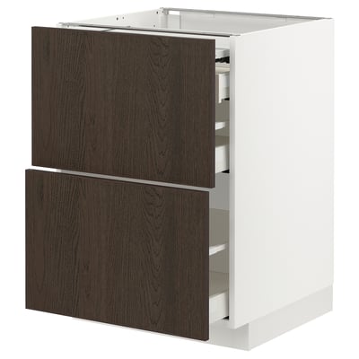 Armoire de cuisine moderne avec tiroirs en bois foncé et cadre blanc.