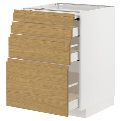 Armoire de cuisine blanche avec tiroirs en chêne, design minimaliste, quatre tiroirs ouverts.